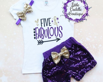 Five & Fabulous Birthday Shorts Outfit, 5 Year Old Girl Birthday Outfit, 5 And Fabulous, 5th Birthday Outfit, Five Year Old Party Theme