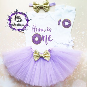 Personalized Donut First Birthday Tutu Outfit, Birthday Outfit, Baby Girl Gift, Sparkle Tutu, Donut Shirt, First Birthday Bodysuit, Donut