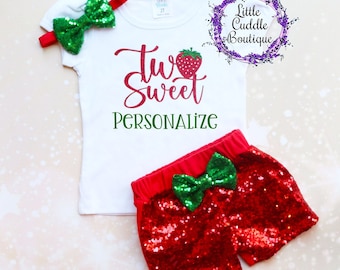 Personalized Two Sweet Strawberry Second Birthday Shorts Outfit, Two Sweet Birthday Outfit, Strawberry Birthday Shirt, Strawberry 2nd Party