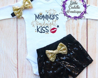 Mommy's Midnight Kiss Shorts Outfit, New Year's Baby Girl Outfit, Holiday Outfit, New Year, Holiday Party, Holiday Photos, 1st New Year,