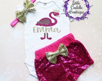 Personalized Flamingo Shorts Outfit, Birthday Outfit, Baby Girl Gift, Flamingo Shirt, First Birthday Bodysuit, Flamingo Party