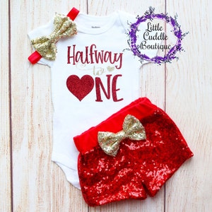 Halfway To One Valentine&#39;s Day Baby Shorts Outfit, 6 Month Outfit, Six Month Outfit, 6 Month Shirt, 6 Month Bodysuits, Half Birthday, Heart