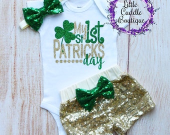 My 1st Saint Patrick's Day Shorts Outfit,  St. Patrick's Day Bodysuit, First St. Paddy's Day Outfit, Shamrock Outfit, 1st St. Patrick's Day