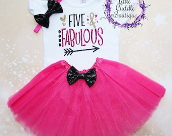 Five & Fabulous Birthday Tutu Outfit, Toddler Girl Birthday Outfit, 5 Year Old Birthday Outfit, 5th Birthday Shirt, Five Year Old Party