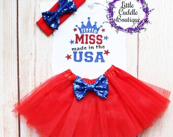 Little Miss Made In The Usa Tutu Outfit, 1st Fourth of July Bodysuit, Patriotic Baby, 4th of July Outfit, Firework Outfit, First Holiday