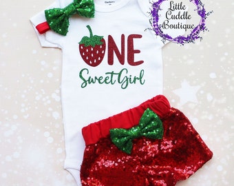 One Sweet Girl Truskawkowe Spodenki Dziecięce Outfit, One Berry Specjalny Dziewczynkowy Outfit, Sweet One Birthday, Truskawkowa Koszulka Urodzinowa