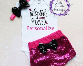 Adopted and Loved Baby Shorts Outfit, New Baby Outfit, Adopted Gift, Adoption Outfit, Baby Coming Home Outfit, New Parents Gift, Newborn