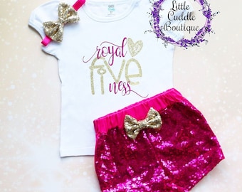 Royal Fiveneess  5th Birthday Shorts Outfit, 5 Year Old Girl Birthday Outfit, 5 And Fabulous, 5th Birthday Outfit, Five Year Old Party Theme