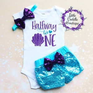 Halfway To One Mermaid Baby Shorts Outfit, 6 Month Outfit, Six Month Outfit, 6 Month Shirt, 6 Month Bodysuits, Half Birthday, Half Way Shell