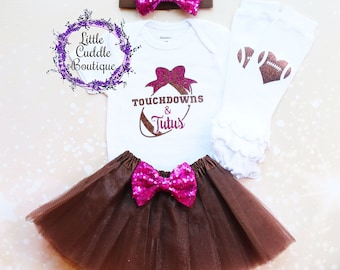 Baby Girl Football Outfit Set – Rugby Bodysuit, Tutu Skirt, Headband & Socks, 4Pcs Newborn Photo Shoot Or Game Day Clothes