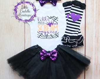 Babyoutfit Little Miss Scream Queen, babyoutfit vakantie, herfstoutfit, shirt eerste Halloween, Halloween-outfit, Halloween, 1e Halloween