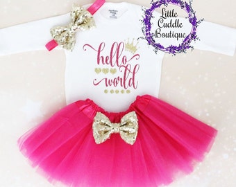 Conjunto de tutú para bebé "Hola Mundo", conjunto para la salida del hospital, conjunto para recién nacido, "Hola Mundo", camiseta para bebé recién nacido, conjunto para sesión de fotos, regalo para bebé recién nacido