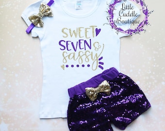Sweet Seven & Sassy Birthday Shorts Outfit, 7 Year Old Girl Birthday Outfit, Sweet 7 And Sassy, 7th Birthday Outfit, Seven Year Old Party