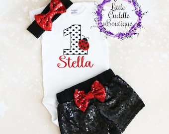 Personalized Ladybug First Birthday Shorts Outfit, Baby Girl Birthday, Ladybug Outfit, Ladybug Shirt, Ladybug One Piece, Ladybug Birthday