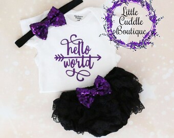 Conjunto de bombachos para bebé "Hola Mundo", conjunto para la salida del hospital, conjunto para recién nacido, "Hola Mundo", bombachos negros, conjunto para sesión de fotos, regalo para bebé recién nacido