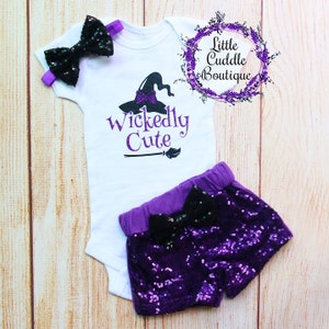 Wickedly Cute Shorts Outfit, 1st Halloween Baby Outfit, First Halloween Girl Outfit, Photo Shoot Outfit, Sequin Shorts, Halloween Baby Shirt