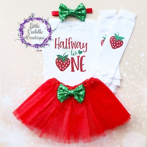 Halfway To One Strawberry Baby Tutu Outfit, 6 Month Outfit, Six Month Outfit, 6 Month Shirt, 6 Month Bodysuits, Girl Half Birthday, Fruit
