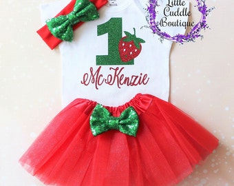 Completo tutù personalizzato per il primo compleanno con fragole, Completo da bambina con fragole, Dolcezza, Tutù rosso, Body con fragole, Completo per il primo compleanno