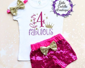 Four Fabulous 4th Birthday Shorts Outfit, 4 Year Old Girl Birthday Outfit, 4 And Fabulous, 4th Birthday Outfit, Four Year Old, Four & Sassy