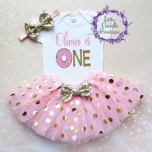 Personalized Donut First Birthday Tutu Outfit, Birthday Outfit, Baby Girl Gift, Sparkle Tutu, Donut Shirt, First Birthday Bodysuit, Donut