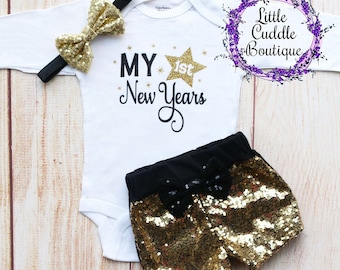 First New Year&#39;s Baby Shorts Outfit, Holiday Outfit, My First New Years, NYE Outfit, Holiday Party, Holiday Photos, New Years Eve, New Year