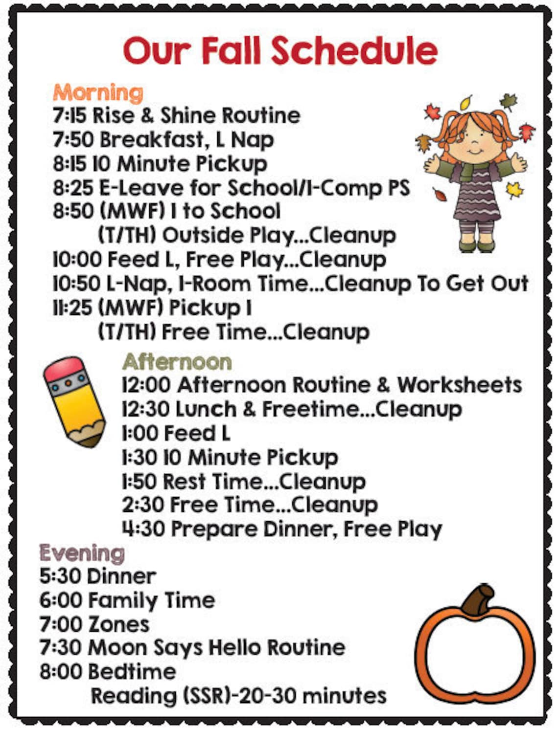 Instant Downloadcustom Editablefall School Schedule for Kids Daily