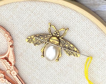Gold Pearl Bee Needle Minder: Embroidery, Cross Stitch, Needlework.