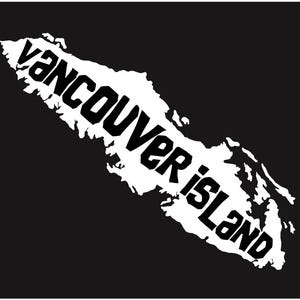 Peut inclure: Une silhouette blanche de l'île de Vancouver avec le texte "Vancouver Island" écrit dessus.