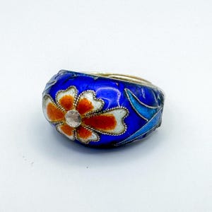 Vintage Chinese Cloisonné Domed Sterling Silver Enamel Flower Ring, Size 7