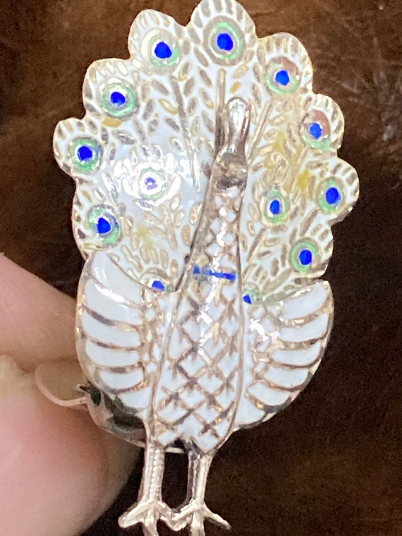 Earrings, Sterling Silver Enameled Peacock, clip … - image 3