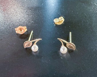 Vintage Gold & Faux Pearl Cherry Stud Earrings