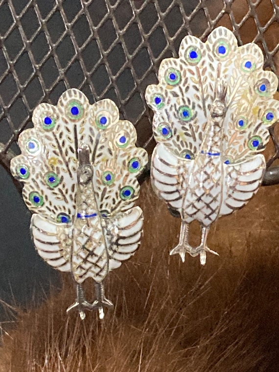 Earrings, Sterling Silver Enameled Peacock, clip … - image 1