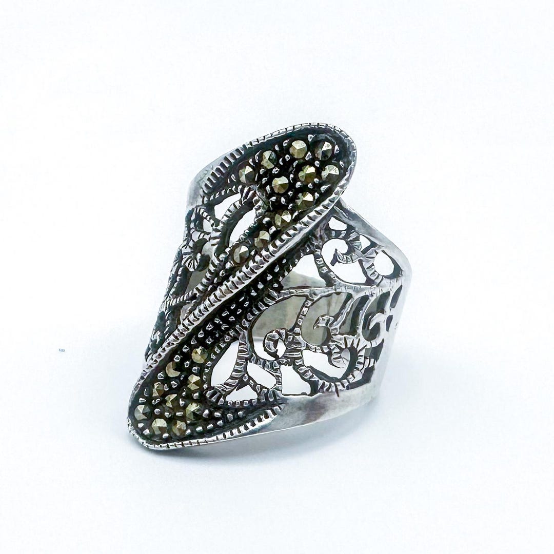 Filigree Ring White Gold Marcasite Rings Vintage Sterling Silver