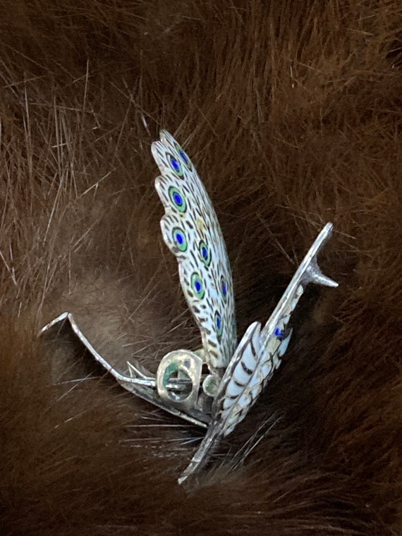 Earrings, Sterling Silver Enameled Peacock, clip … - image 5