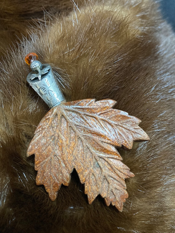Vintage Brooch, Carved Wood Leaf and Sterling Sil… - image 1