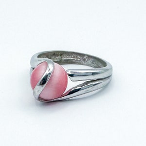 Vintage Sterling Silver Pink Cat&#39;s Eye Bead Ring, Size 4.5