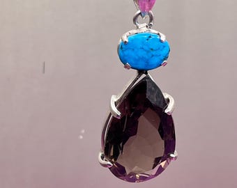 Pendant, Sterling Silver, Turquoise and Smokey Quartz