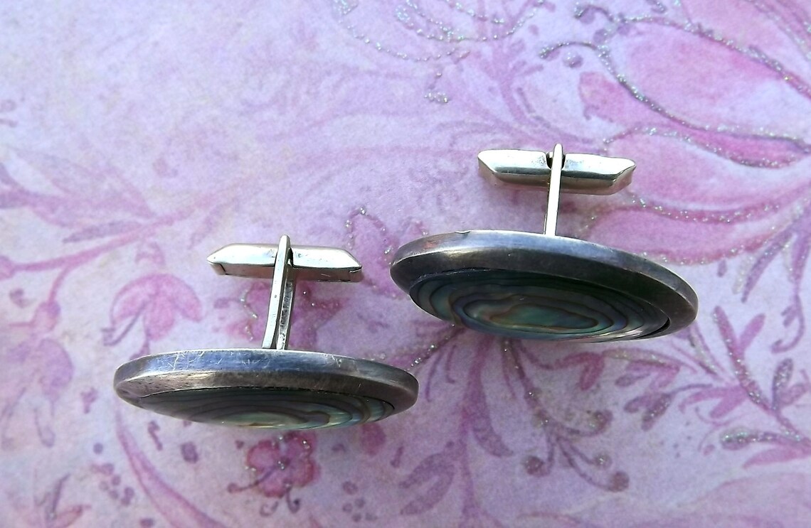 Boutons De Manchette En Argent Sterling Et Nacre (abalone) Taxco Mexico - Vintage Par JSF 41416