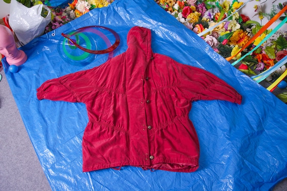 retro silk coat, 80s 90s vintage hooded burnt red