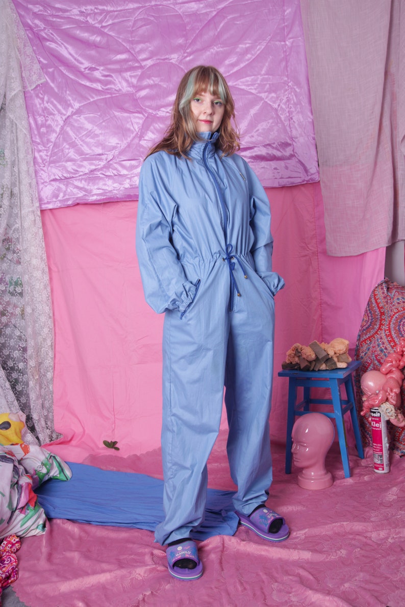 pantsuit 80s vintage jumpsuit retro 90s vintage coveralls sailing sports hooded overall pastel baby blue playsuit worker outfit