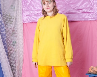 90s vintage yellow sweatshirt, plain basic cotton retro pullover, size L
