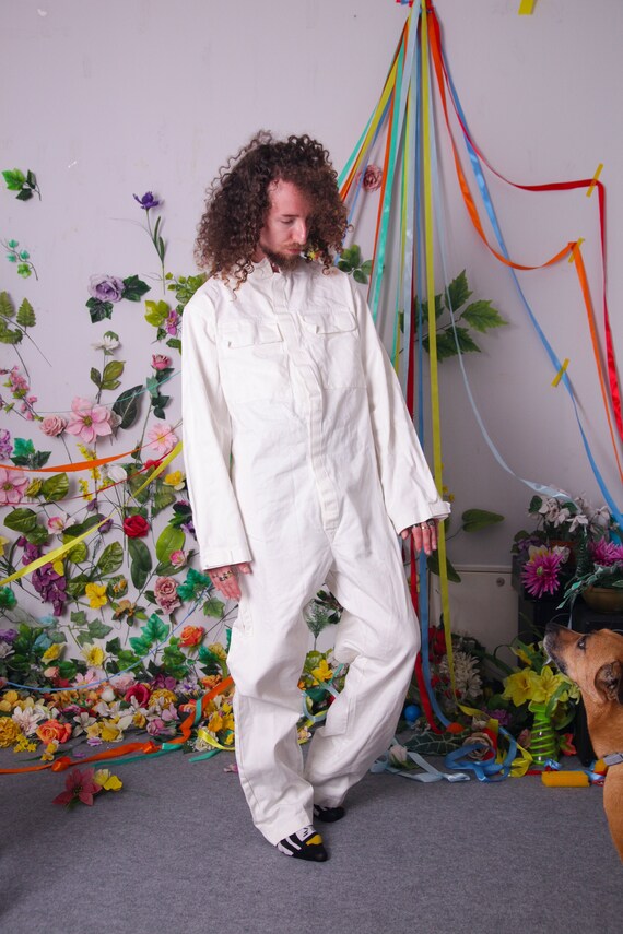 vintage overalls, cream white coveralls, french vi