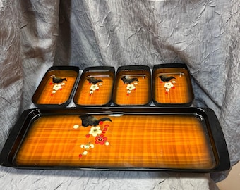 Arte Charao Nihon Shikko Lacquerware Tray Set 5pc Orange Plaid Floral Bird Japan