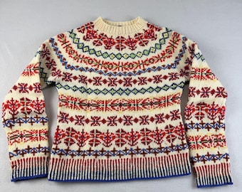 JCrew Handknit Lambswool Fair Isle Sweater Women Sz M Vtg Cream Red Nordic Crew