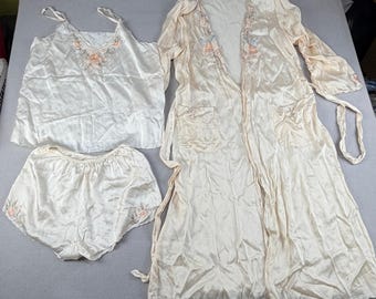 Vintage jaren 90 100% pure zijden 3-delige set bestaande uit badjas, camisole en short met bloemenborduurwerk, maat M
