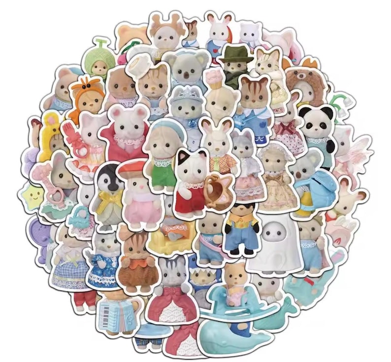 May include: A circular arrangement of colourful animal character stickers, including bears, bunnies, cats, and penguins. The stickers feature various outfits and accessories, creating a whimsical aesthetic. The stickers are die-cut with white borders.