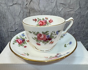 Crown Staffordshire England Fine Bone China Rose Teacup & Saucer Set Gold Rim