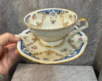 Eschenbach Germany US Zone Tea Cup Saucer Set Cobalt Blue Gold Floral C10433