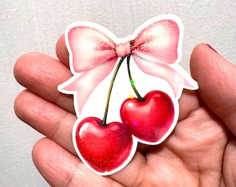 Pink Bow Cherry Sticker: Holographic Glitter, Waterproof Vinyl