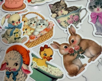 Retro Spring Animal Stickers – Vintage Bunnies, Kittens, Ducklings, Lambs (10pc Vinyl Pack)